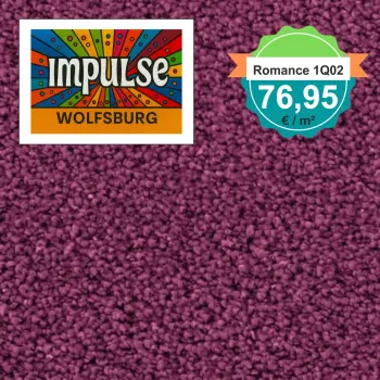 Teppichmuster mit Label „Impulse WOLFSBURG“ und Badge „Romance 1Q02 – 76,95 €/m²“
